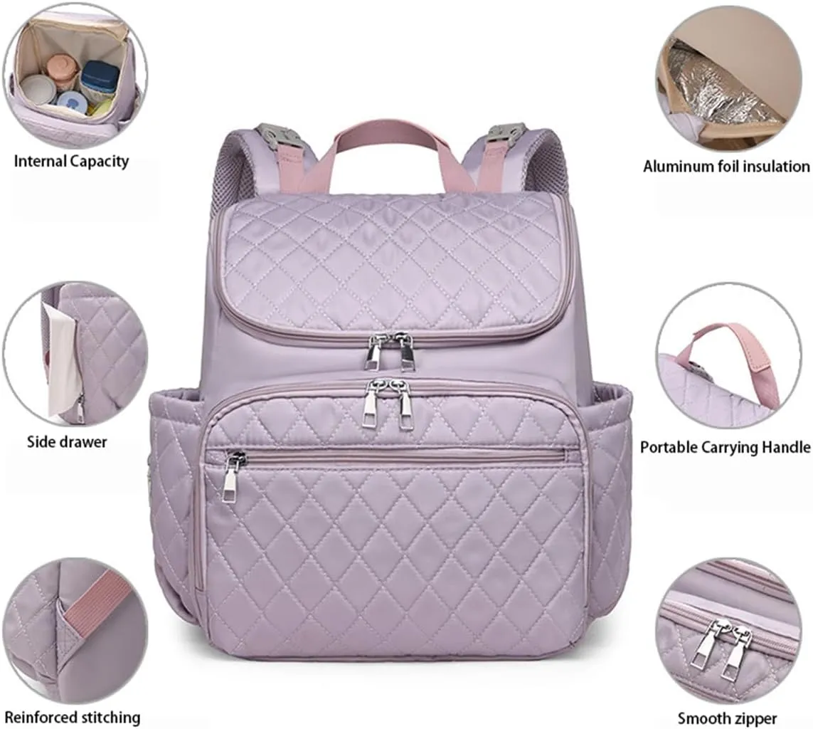 Quilted Diaper Bag Backpack Washable, Diaper Backpack with Changing Pad and Insulated Bottle Pocket (Gray)