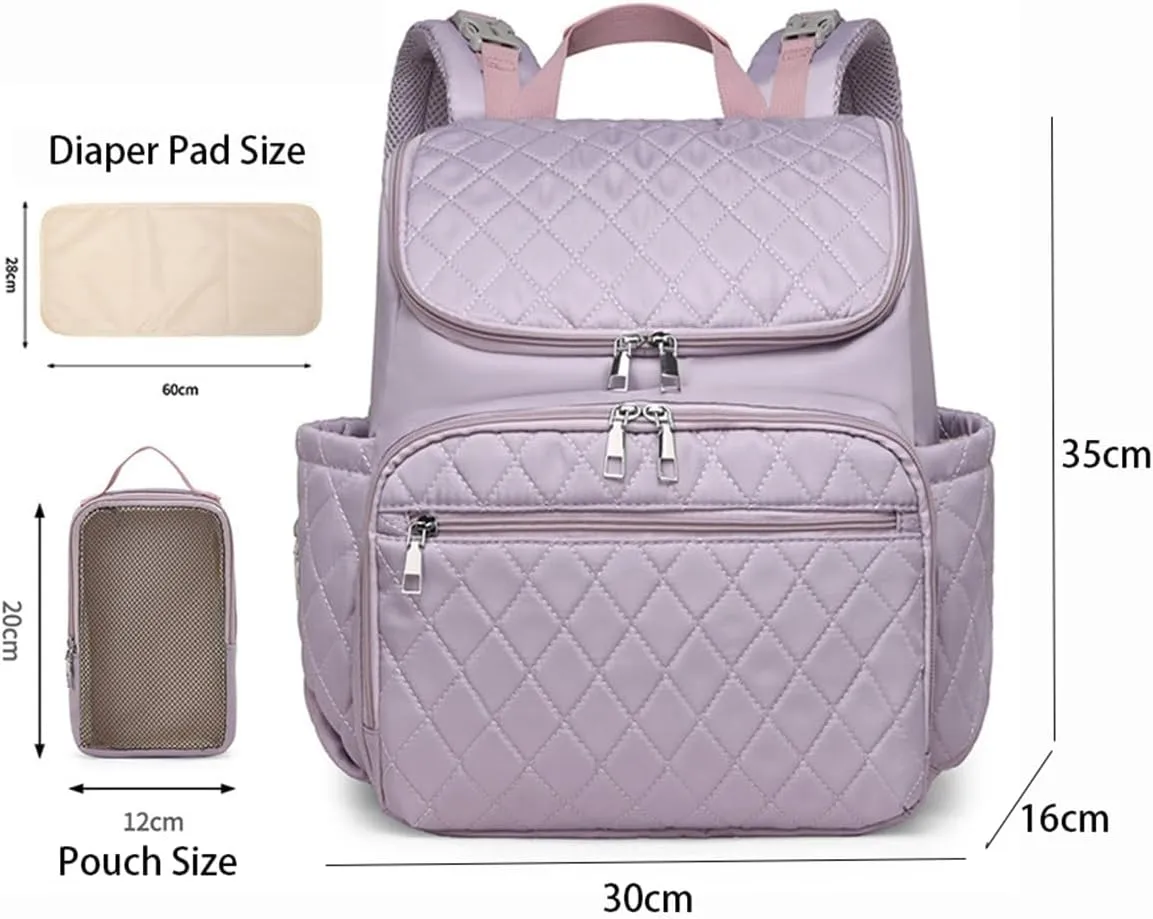 Quilted Diaper Bag Backpack Washable, Diaper Backpack with Changing Pad and Insulated Bottle Pocket (Gray)