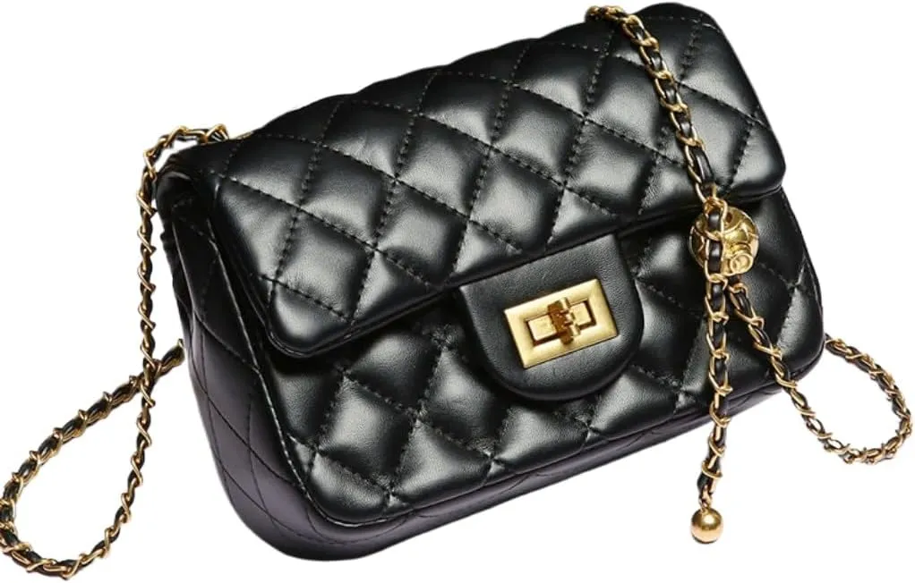 Quilted Leather Crossbody Bags for Women Trendy Ladies Shoulder Purse Satchel HandBag with Chain Strap Little Golden Ball