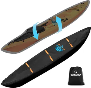 QUNSUNUS 2PCS Full Kayak Cover 420D, Top and Bottom Combination Waterproof Kayak Covers for Outdoor Storage, Tear and Fade Resistant Canoe Cover with Elastic Hem