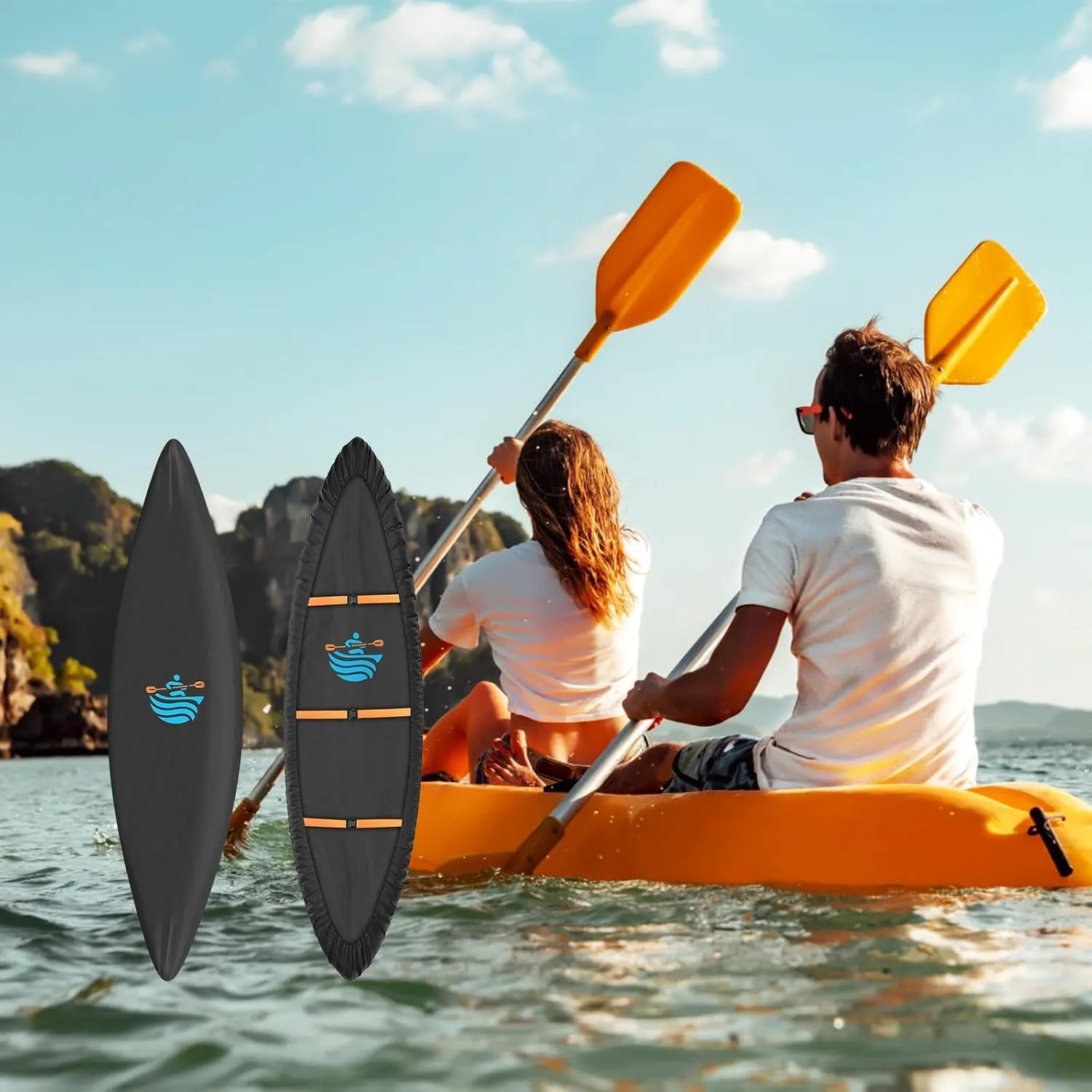 QUNSUNUS 2PCS Full Kayak Cover 420D, Top and Bottom Combination Waterproof Kayak Covers for Outdoor Storage, Tear and Fade Resistant Canoe Cover with Elastic Hem