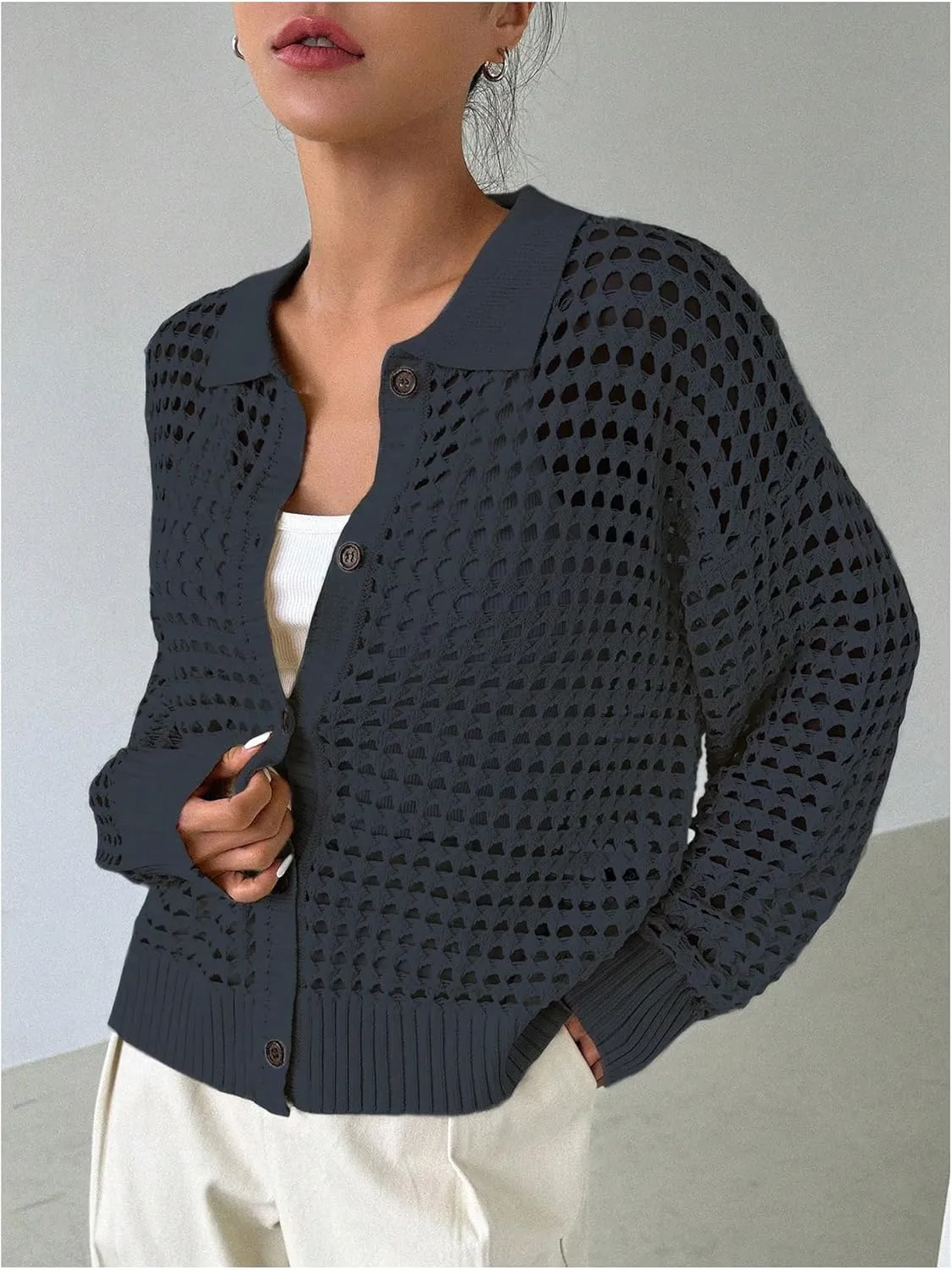 QWINEE Women's Crochet Cardigan Sweater Lightweight Cardigan Hollow Out Sweater Long Sleeve Button Down Knit Top