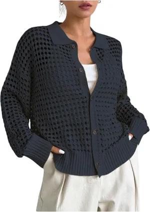 QWINEE Women's Crochet Cardigan Sweater Lightweight Cardigan Hollow Out Sweater Long Sleeve Button Down Knit Top
