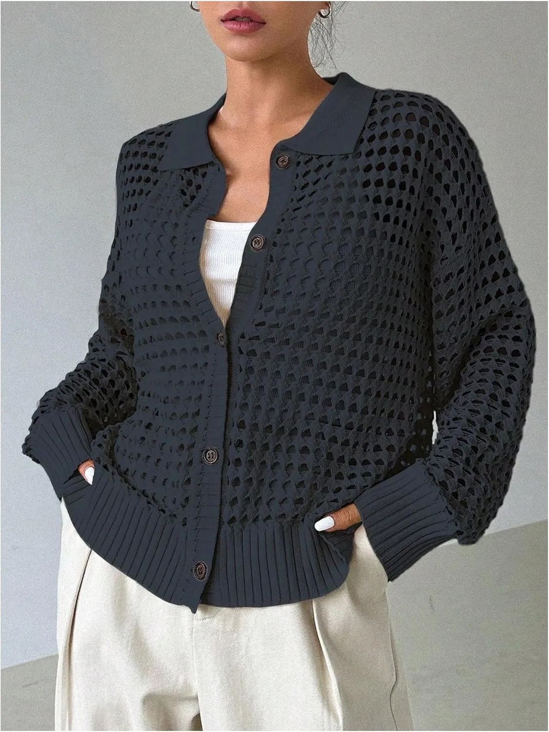 QWINEE Women's Crochet Cardigan Sweater Lightweight Cardigan Hollow Out Sweater Long Sleeve Button Down Knit Top