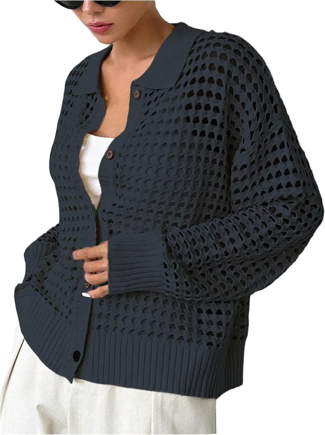 QWINEE Women's Crochet Cardigan Sweater Lightweight Cardigan Hollow Out Sweater Long Sleeve Button Down Knit Top