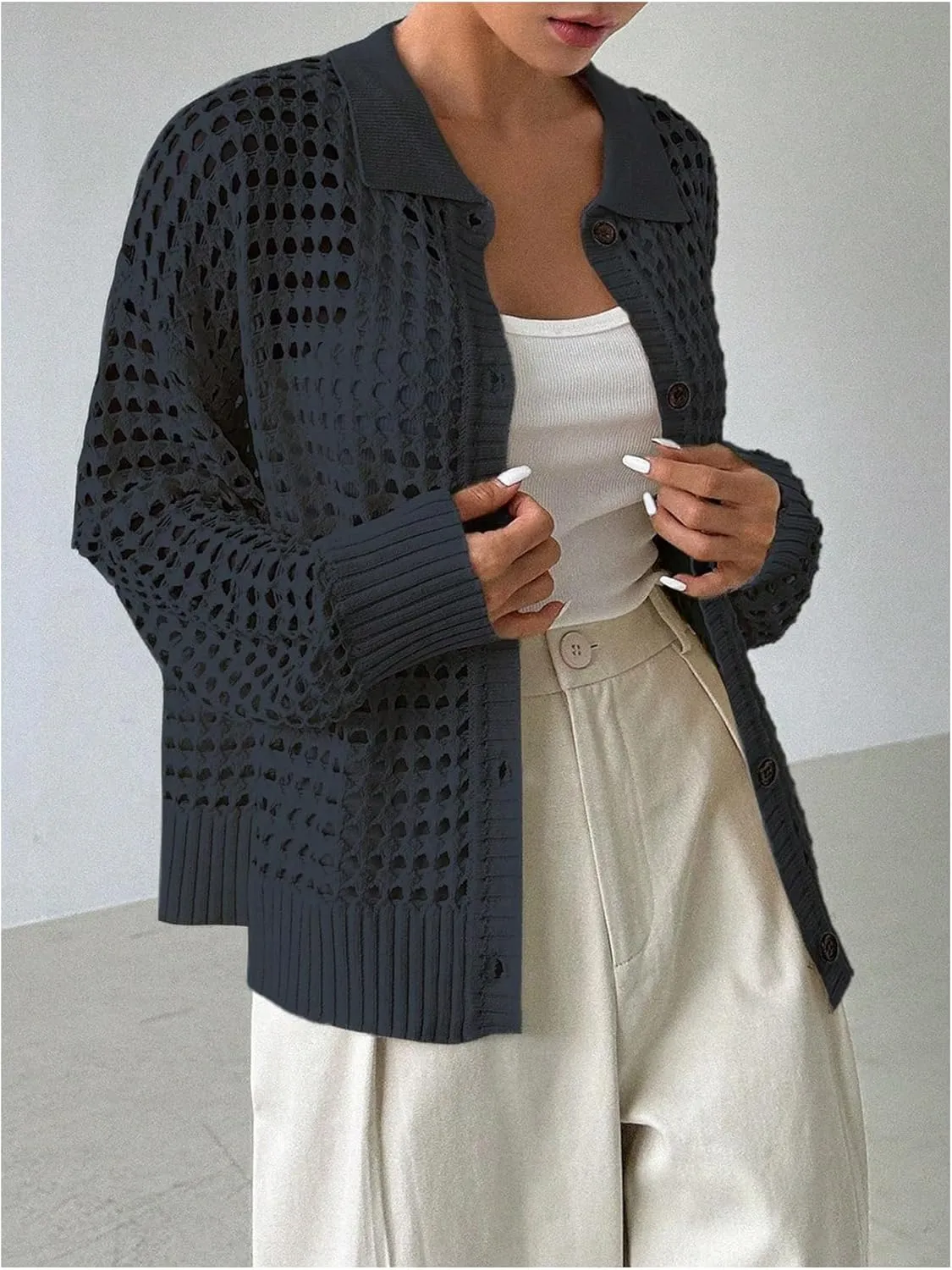 QWINEE Women's Crochet Cardigan Sweater Lightweight Cardigan Hollow Out Sweater Long Sleeve Button Down Knit Top