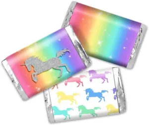 Rainbow Glitter Unicorn Birthday Party Mini Chocolate Candy Bar Sticker Wrappers for Kids, 45 1.4" x 2.6" Wrap Around Labels by AmandaCreation, Great for Party Favors
