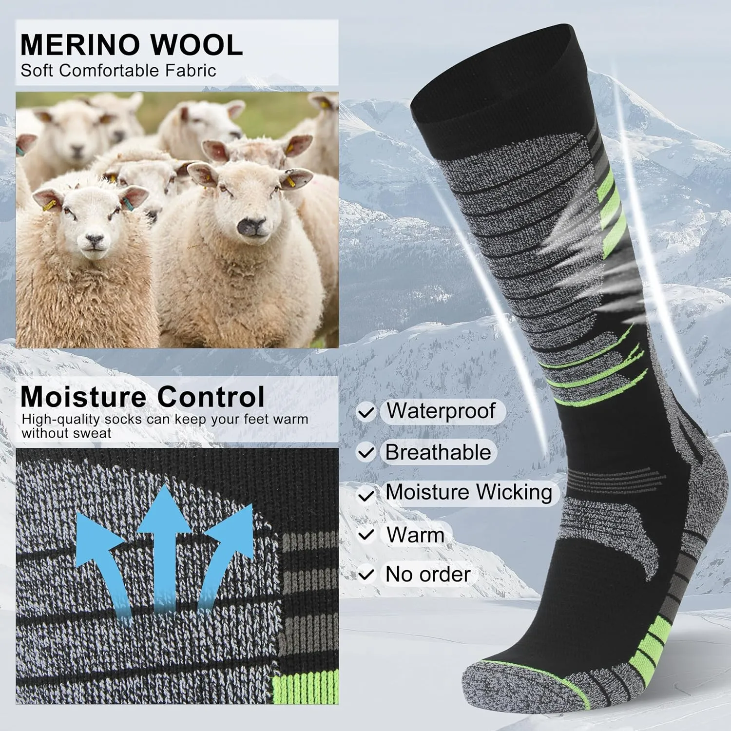 RANDY SUN Merino Wool Waterproof Socks, Men Women Knee High Breathable Hiking Running Socks 1 Pair