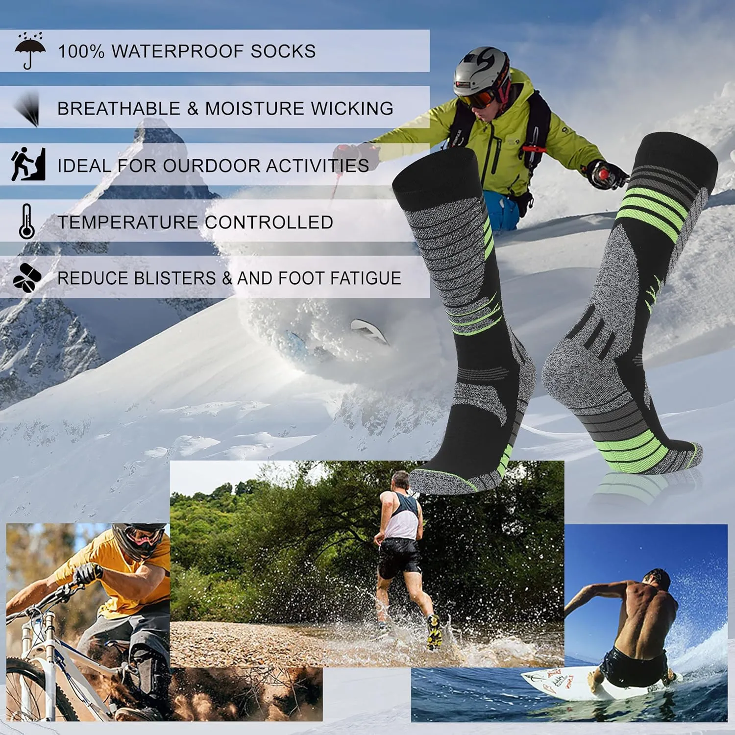 RANDY SUN Merino Wool Waterproof Socks, Men Women Knee High Breathable Hiking Running Socks 1 Pair