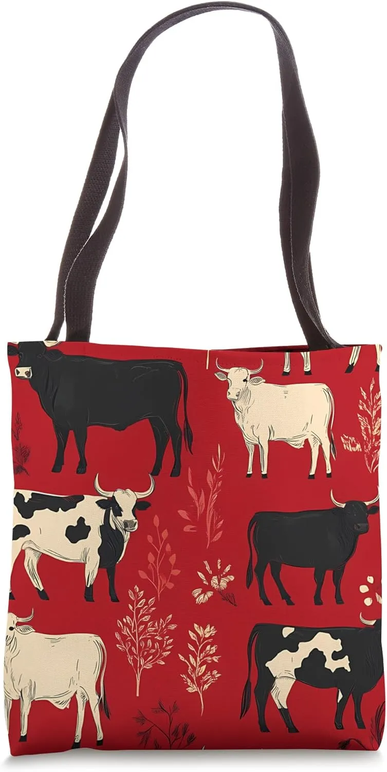 Red Art Deco Geometric Cows Ranch Pasture Rustic Farm Tote Bag