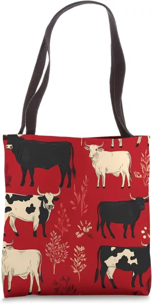 Red Art Deco Geometric Cows Ranch Pasture Rustic Farm Tote Bag