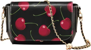 Red Cherries on Black Background Crossbody Bags for Women, Trendy Small Shoulder Bag, PU Leather Clutch Purse Underarm Handbag Satchel HandBag with Adjustable Metal Chain