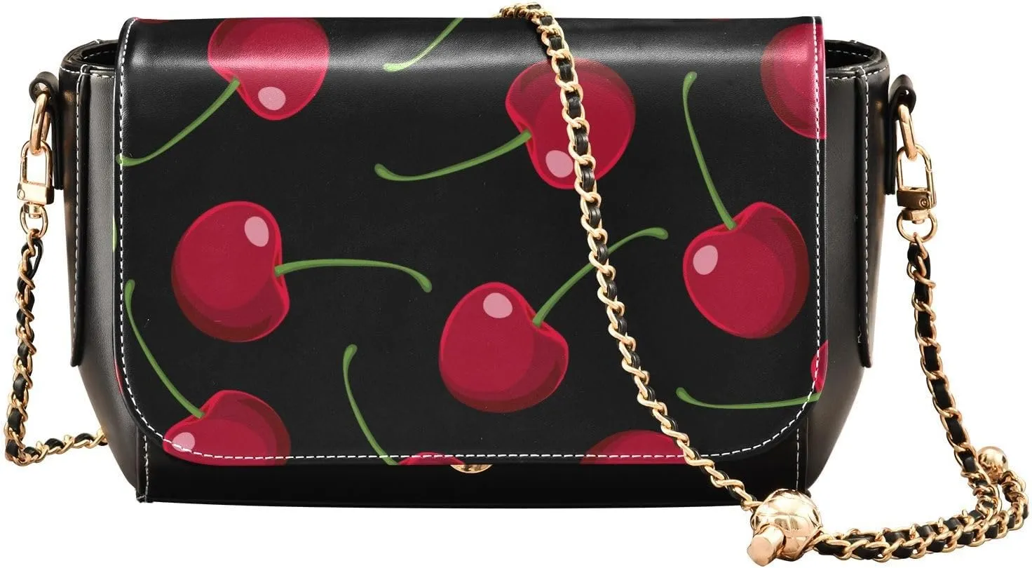 Red Cherries on Black Background Crossbody Bags for Women, Trendy Small Shoulder Bag, PU Leather Clutch Purse Underarm Handbag Satchel HandBag with Adjustable Metal Chain
