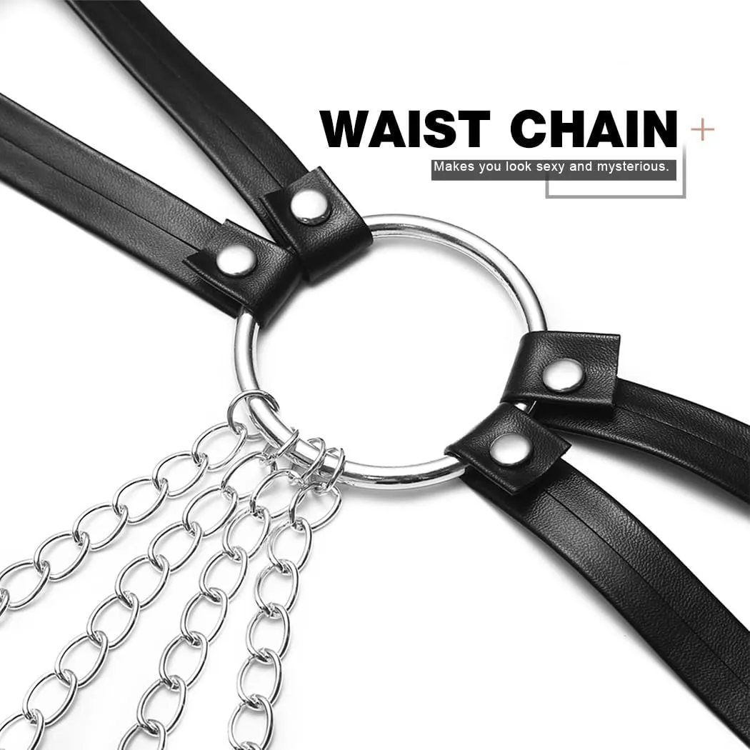 REETAN Rave Waist Chain Belt Punk Black Leather Body Accessories for Women