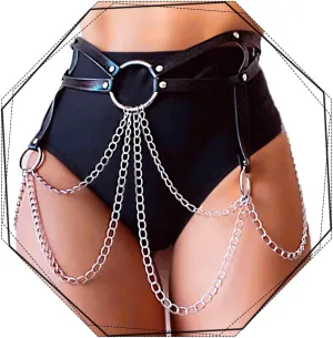 REETAN Rave Waist Chain Belt Punk Black Leather Body Accessories for Women