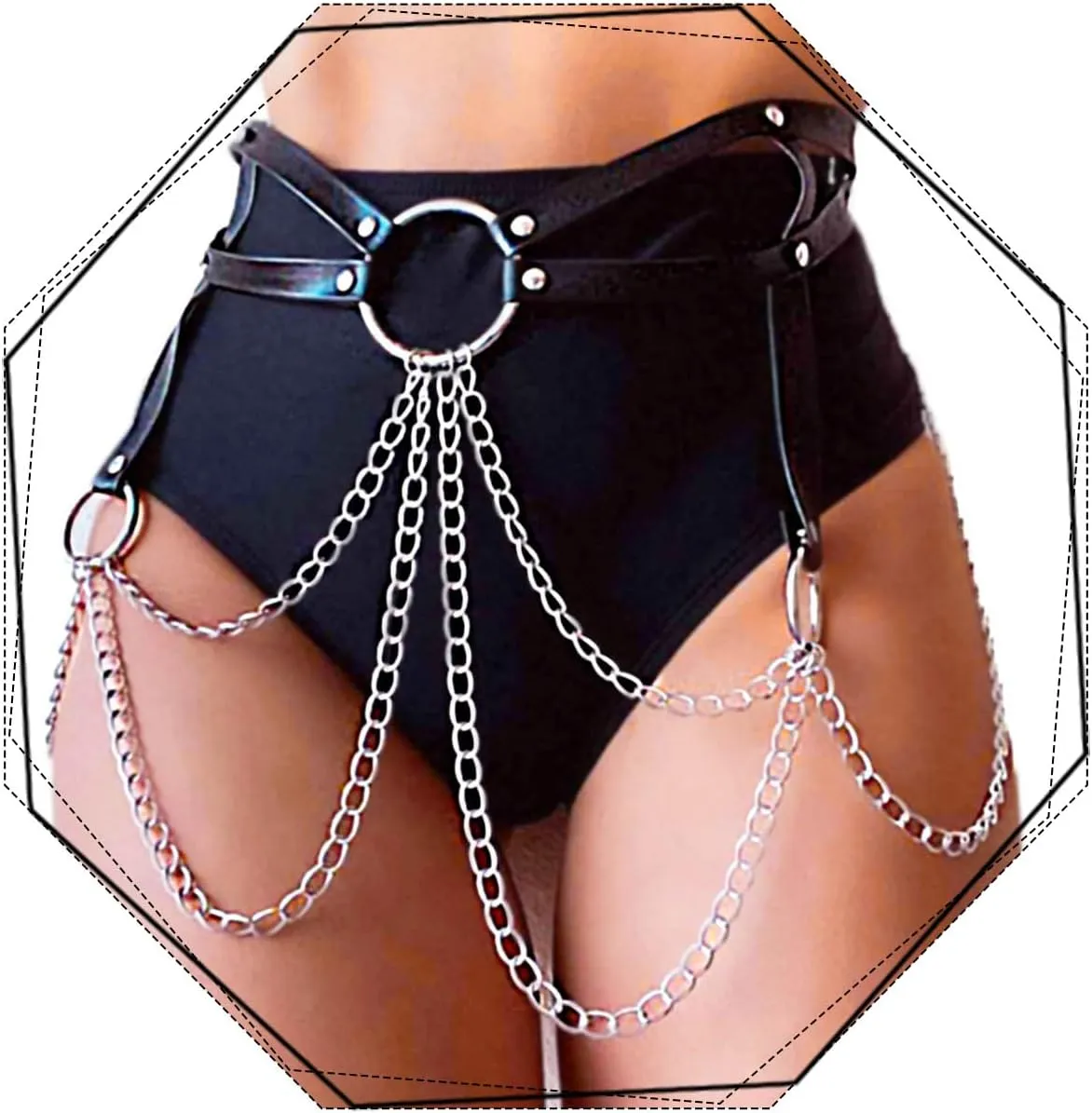REETAN Rave Waist Chain Belt Punk Black Leather Body Accessories for Women