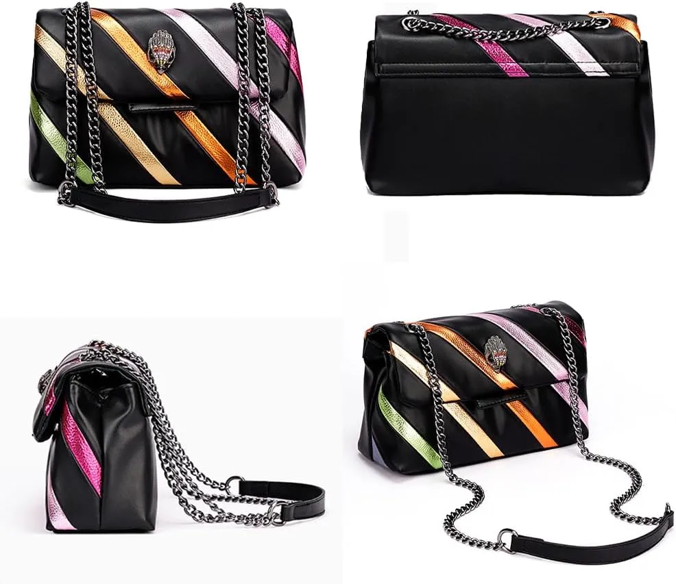 Rejolly Rainbow Stripe Crossbody Shoulder Bag for Women Color Blocking PU Leather Colourful Purse with Chain Strap