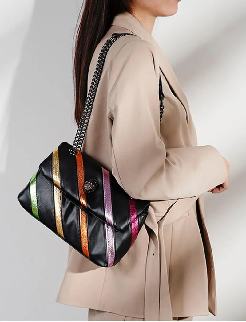 Rejolly Rainbow Stripe Crossbody Shoulder Bag for Women Color Blocking PU Leather Colourful Purse with Chain Strap