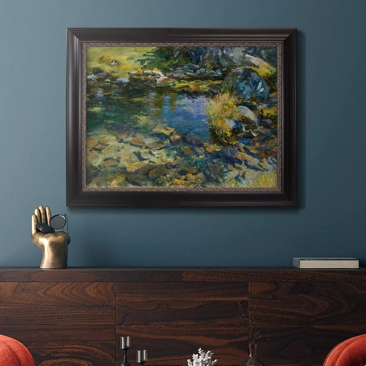 Renditions Gallery Home Decor Ebony & Gold Framed Artwork Alpine Streem Pool Art Wall Hanging Prints for Bedroom Dining Living Room Office Home Kitchen Wall Decor - 21"X25"