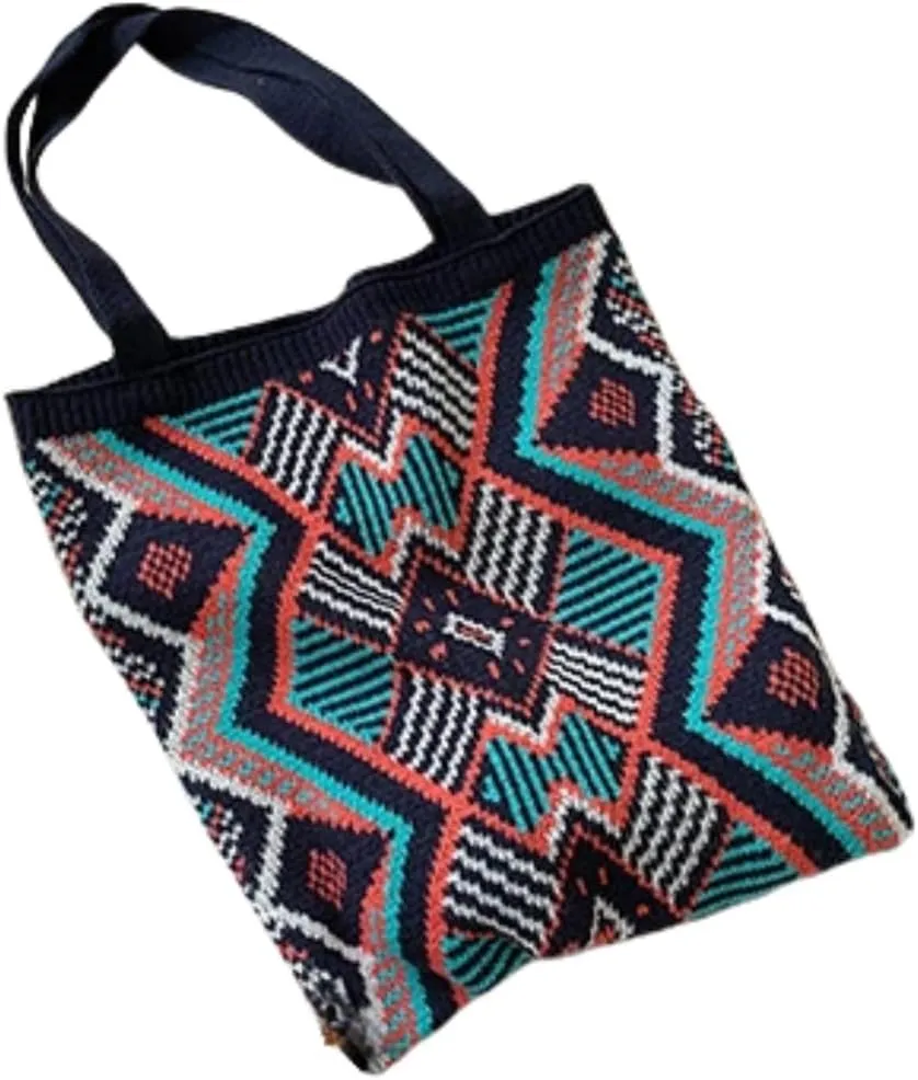 Retro Knitted Tote Bag for Commute - Large Capacity Wool Handbag with Patterned Design,13.8x0.4x15 Inches