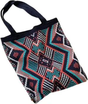 Retro Knitted Tote Bag for Commute - Large Capacity Wool Handbag with Patterned Design,13.8x0.4x15 Inches