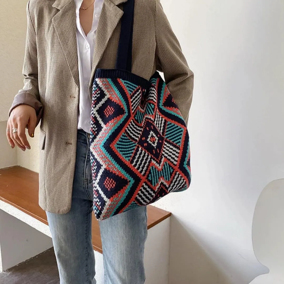 Retro Knitted Tote Bag for Commute - Large Capacity Wool Handbag with Patterned Design,13.8x0.4x15 Inches