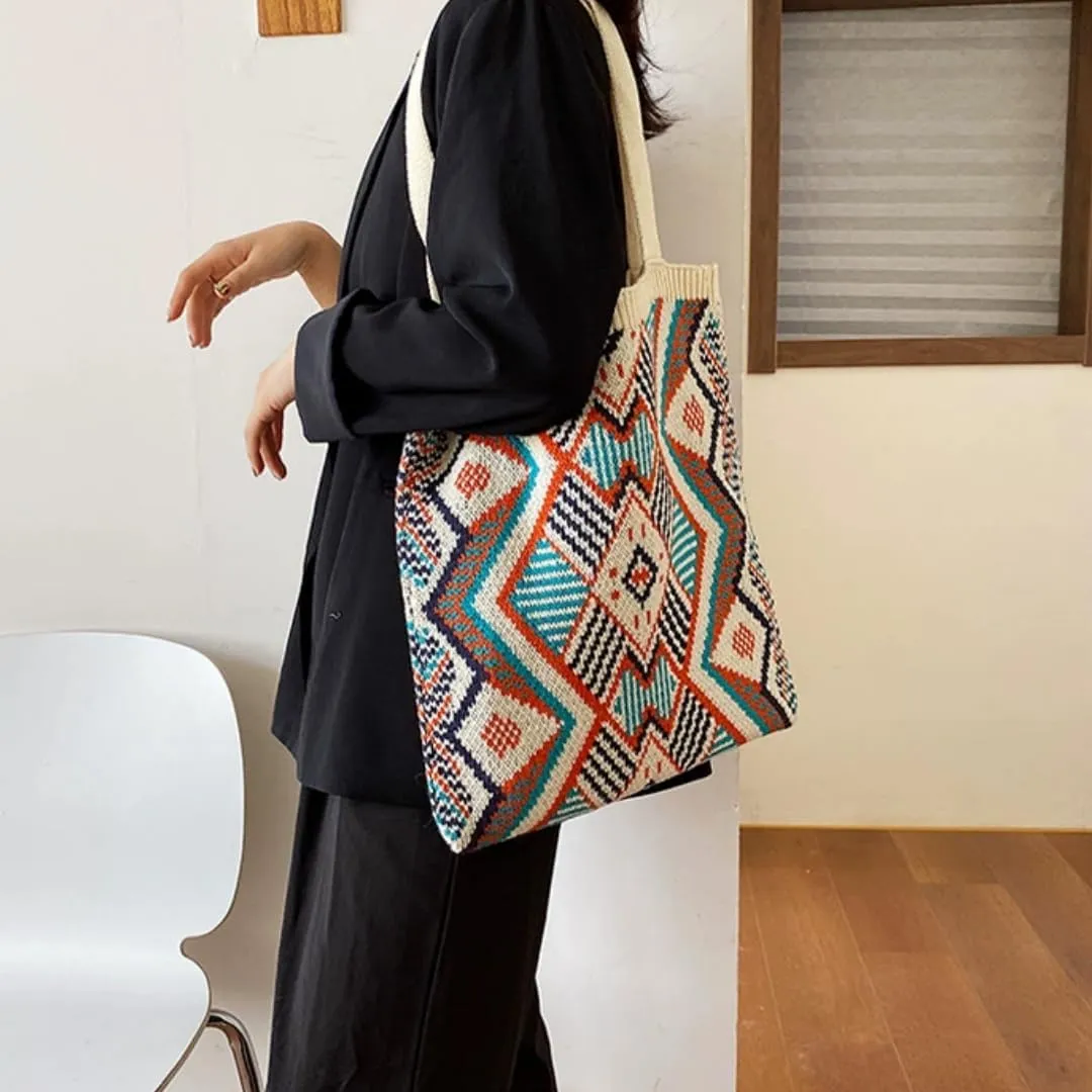 Retro Knitted Tote Bag for Commute - Large Capacity Wool Handbag with Patterned Design,13.8x0.4x15 Inches