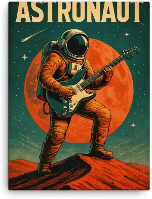 Retro Sci Fi Canvas Wall Art featuring an astronaut playing an electric guitar on a Red Martian Dune with vintage typography - 18x24 inches