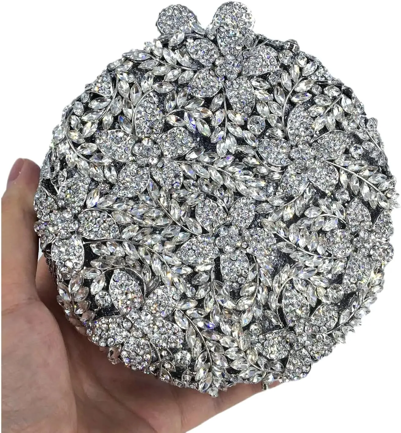 Rhinestone Evening Clutch for Women Flower Full Diamond Round Handbag Gorgeous Shining Shoulder Ball Banquet Bag