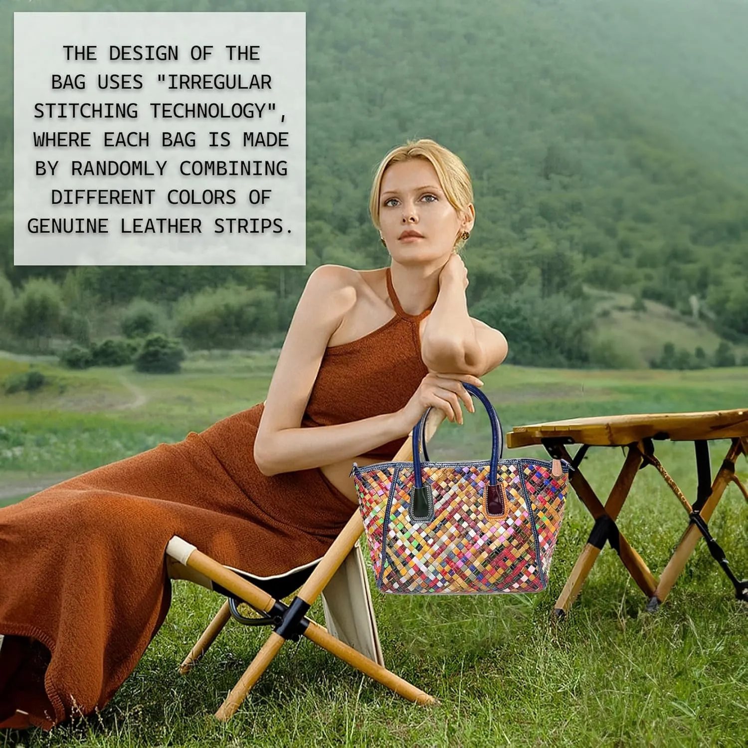 Riutiru Women's Mosaic Style Genuine Leather Handwoven Unique Style Diagonal Shoulder Handbag