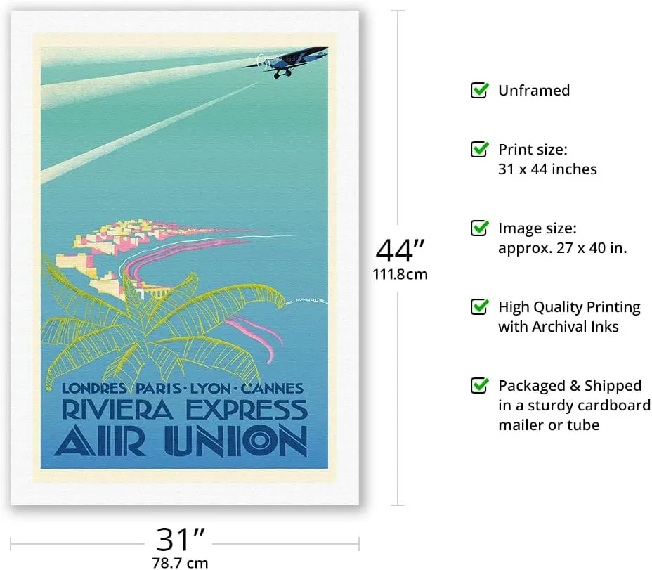 Riviera Express - London Paris Cannes - Air Union Bréguet 280T - Vintage Airline Travel Poster by Edmond Maurus c.1932 - Fine Art Rolled Canvas Print 27in x 40in
