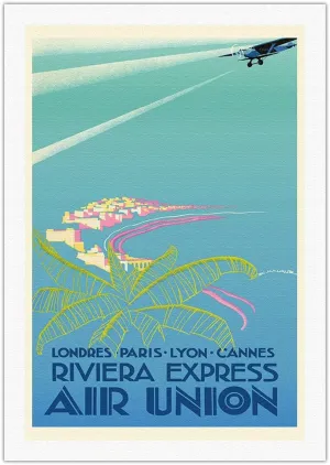 Riviera Express - London Paris Cannes - Air Union Bréguet 280T - Vintage Airline Travel Poster by Edmond Maurus c.1932 - Fine Art Rolled Canvas Print 27in x 40in