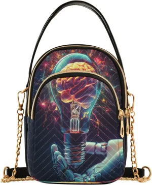 Robotic Hand Holding Bulb Women Trendy Quilted Crossbody Bag Sling Bags Handbags with Chain Strap Travel Cross Body Cell Phone Purses Bags