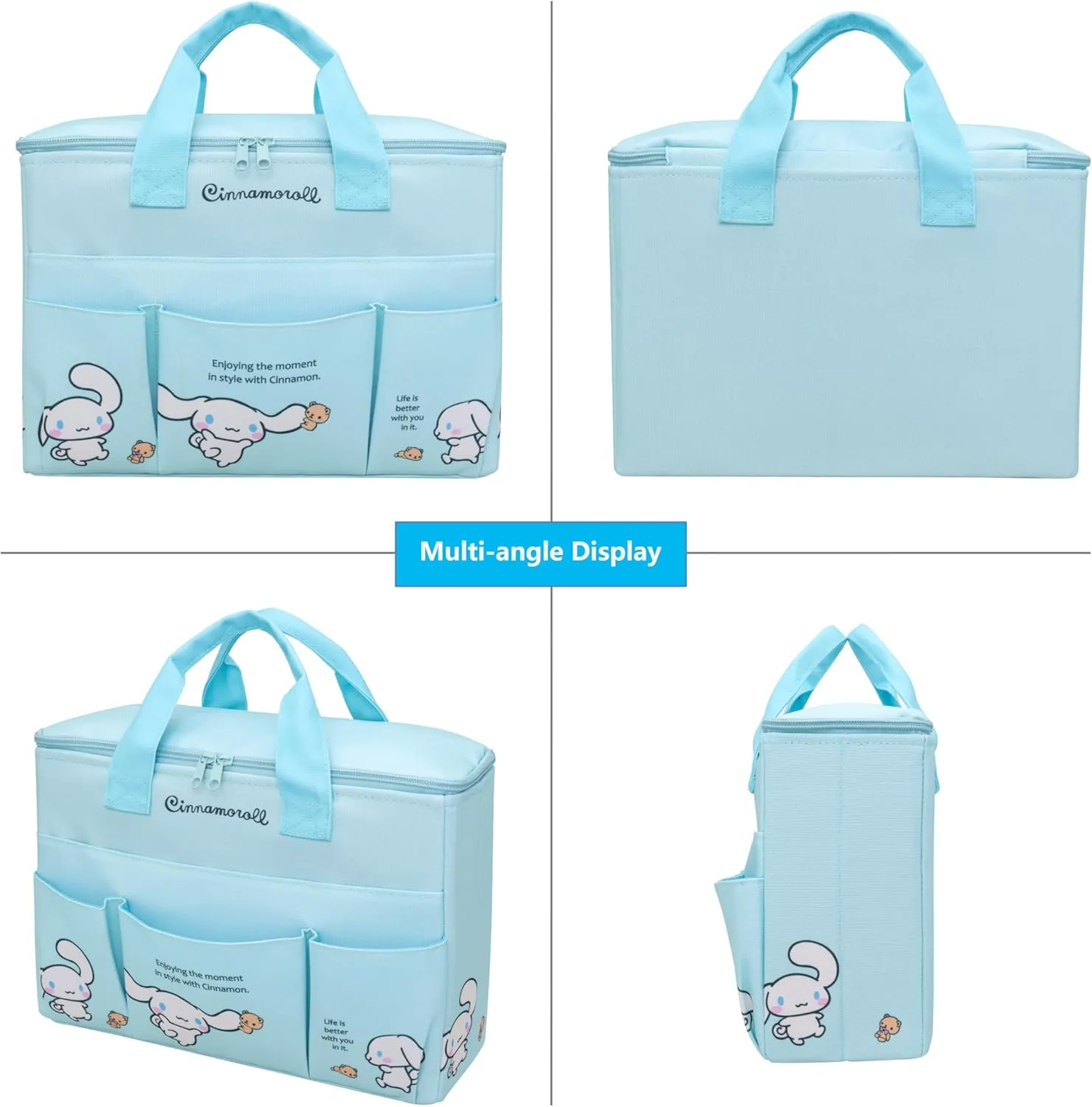 Roffatide Cinnamoroll Large Lunch Bag Foldable Lunch Tote Bag Reusable Lunchbox Men Thermal Cooler Sack Nylon Food Handbags Case for Work Travel Picnic 8L