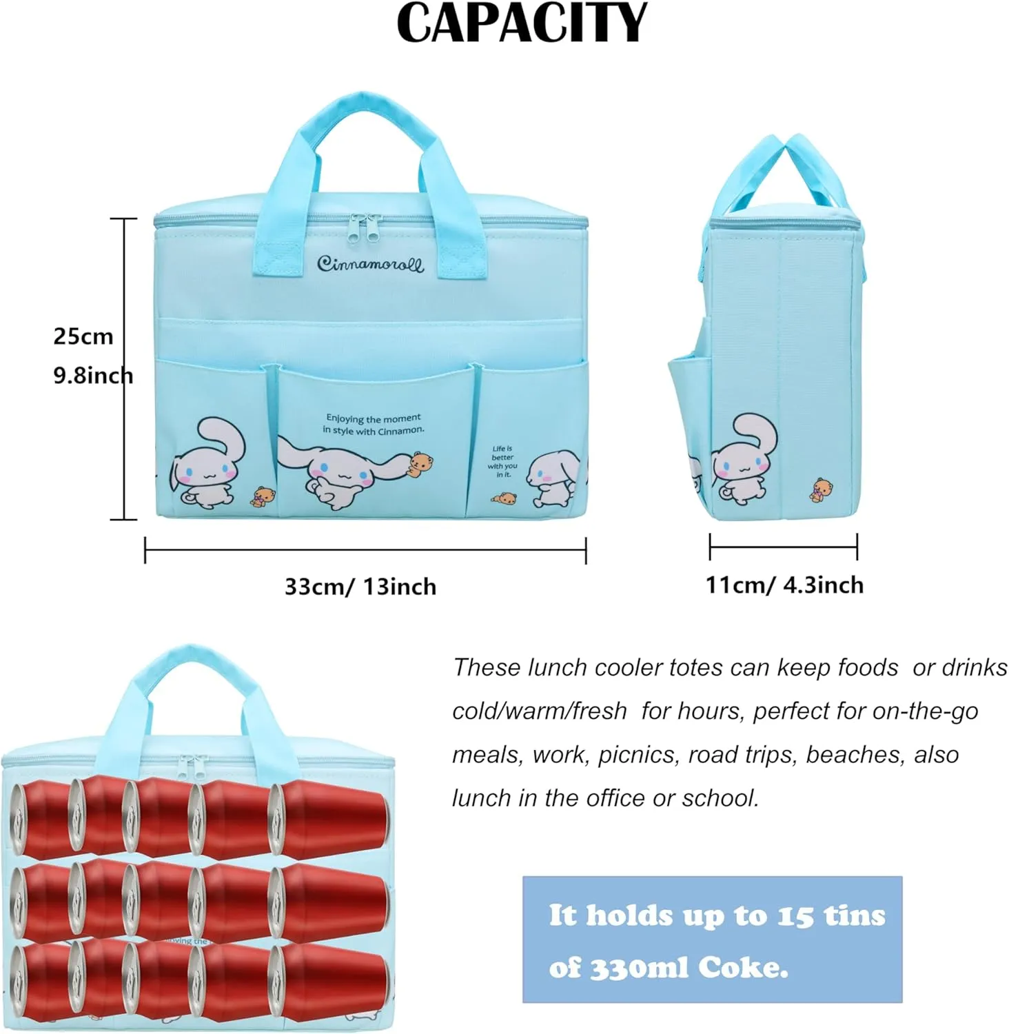 Roffatide Cinnamoroll Large Lunch Bag Foldable Lunch Tote Bag Reusable Lunchbox Men Thermal Cooler Sack Nylon Food Handbags Case for Work Travel Picnic 8L