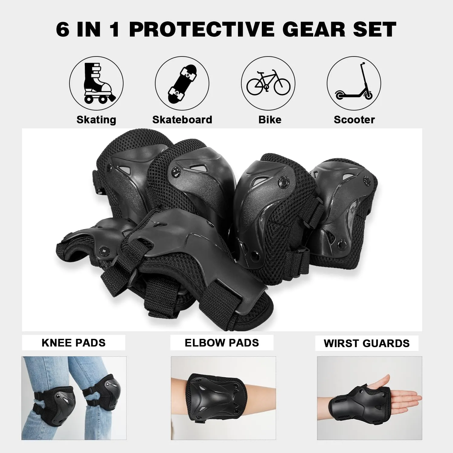 Roller Skate Pads Adult Knee And Elbow Pads For Roller Skating, Wrist Guards Skateboarding Protective Gear Adult Knee Pads For Men Women Skating Pads L