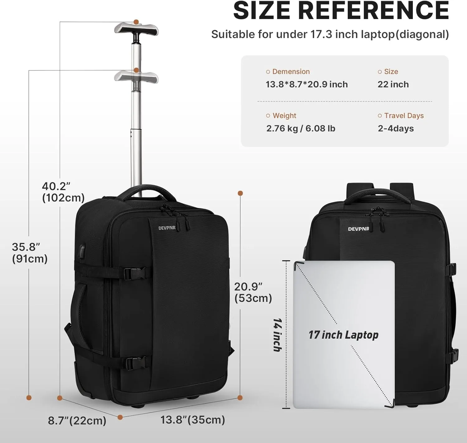 Rolling Backpack for Women Men, Carry on Luggage Travel Backpack with Wheels for Adults, 40L Airline Rolling Laptop Bag, 17 Inch Laptop Trolley Backpack for Overnight Travel Business (Black)