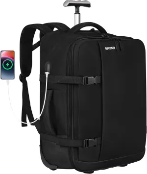 Rolling Backpack for Women Men, Carry on Luggage Travel Backpack with Wheels for Adults, 40L Airline Rolling Laptop Bag, 17 Inch Laptop Trolley Backpack for Overnight Travel Business (Black)