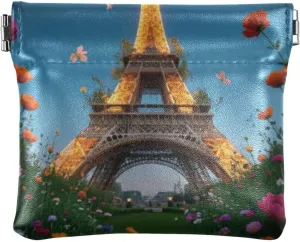 Romantic Parisian Iron Tower with Flowers Women's Small Leather Coin Purse Wallet Fancy Mini Purse Wallet for Women