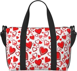 Romantic Red Heart Print Tote Crossbody Travel Bag with Zip Casual Handbag for Weekend Trips and Gym Shopping, Black, One Size, Travel Tote