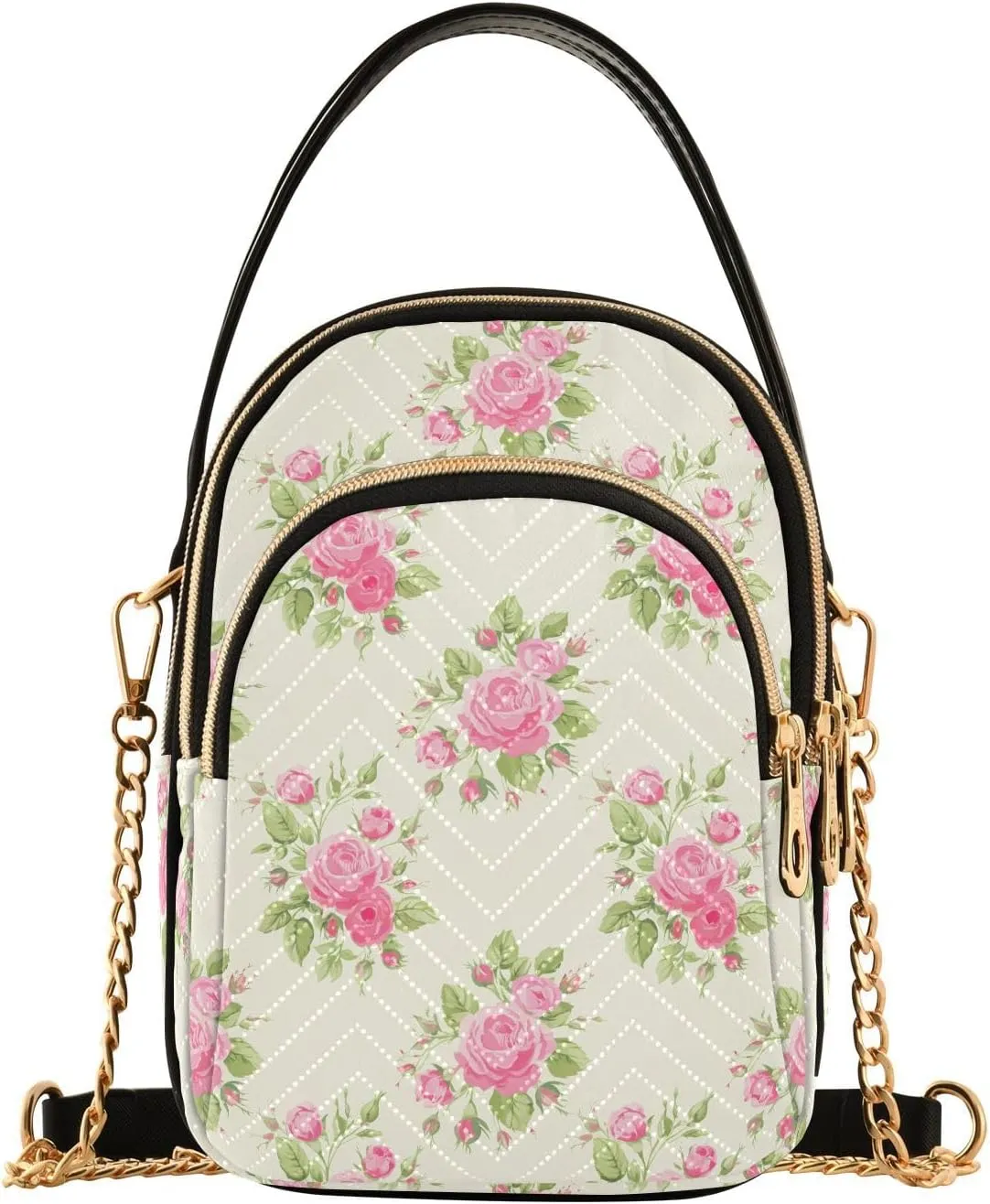 Rose Blossom Foliage Ivory Multi Pockets Crossbody Bags for Women Zip Cell Phone Purse Wallet Bag with Detachable Shoulder Strap Cross Body Handbag for Women Girls Trendy Gift Traveling Shopping