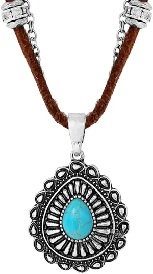 Rosemarie & Jubalee Women's Cowgirl Chic Turquoise Howlite Stone Western Concho Pendant On Vegan Suede Cord And Cable Chain Necklace, 18" 3" Extension
