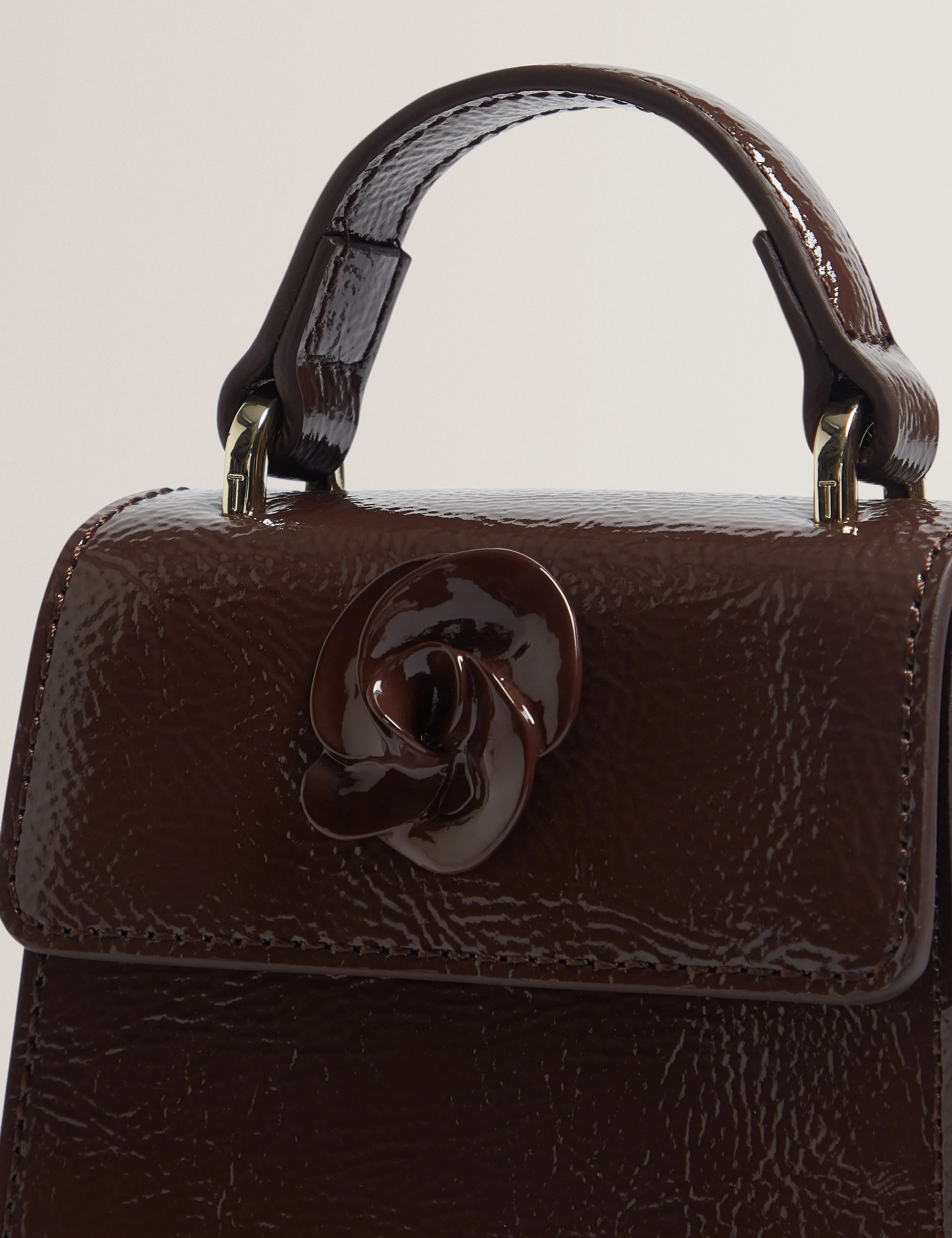Rouset Rose Detail Mini Leather Bag Brown