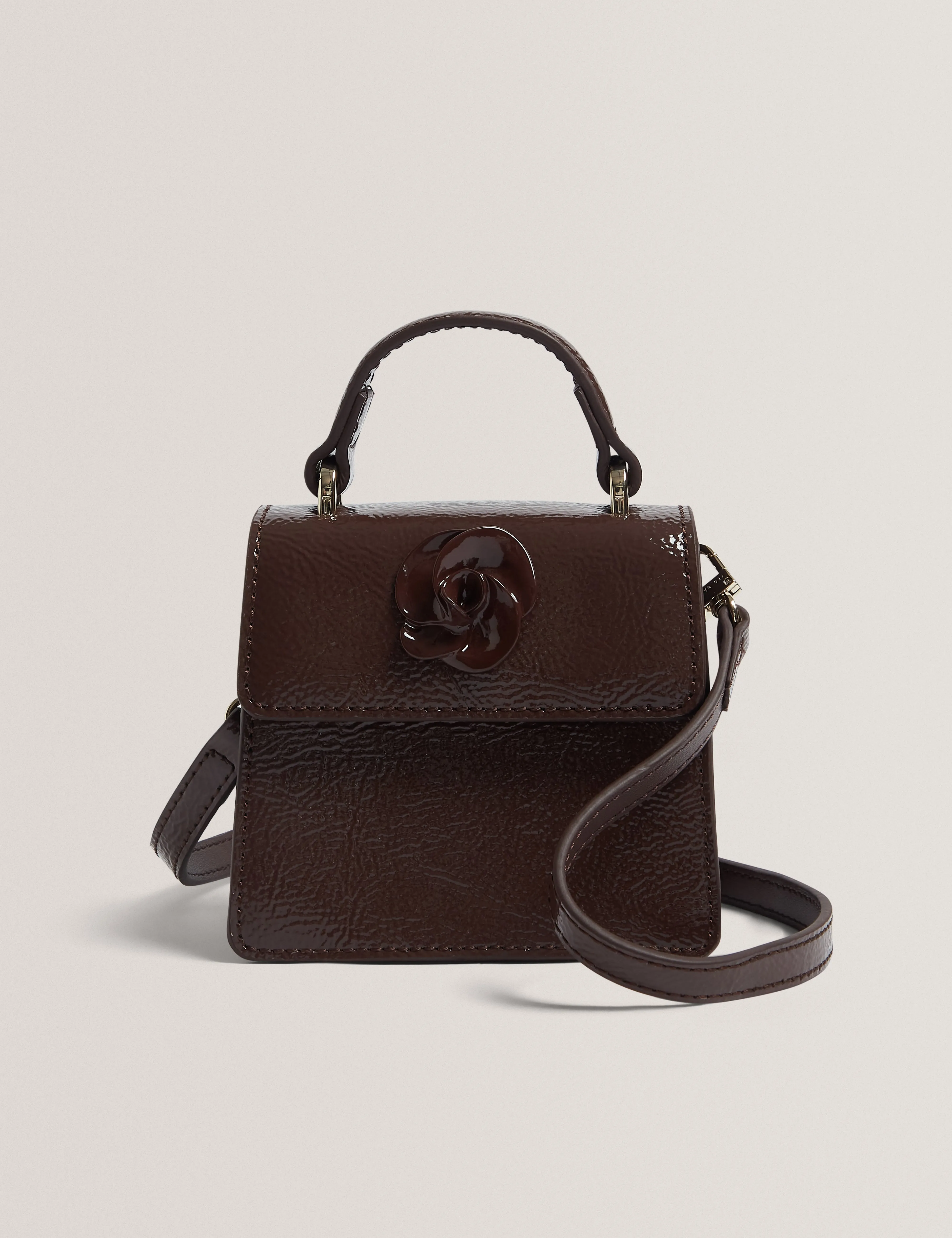 Rouset Rose Detail Mini Leather Bag Brown