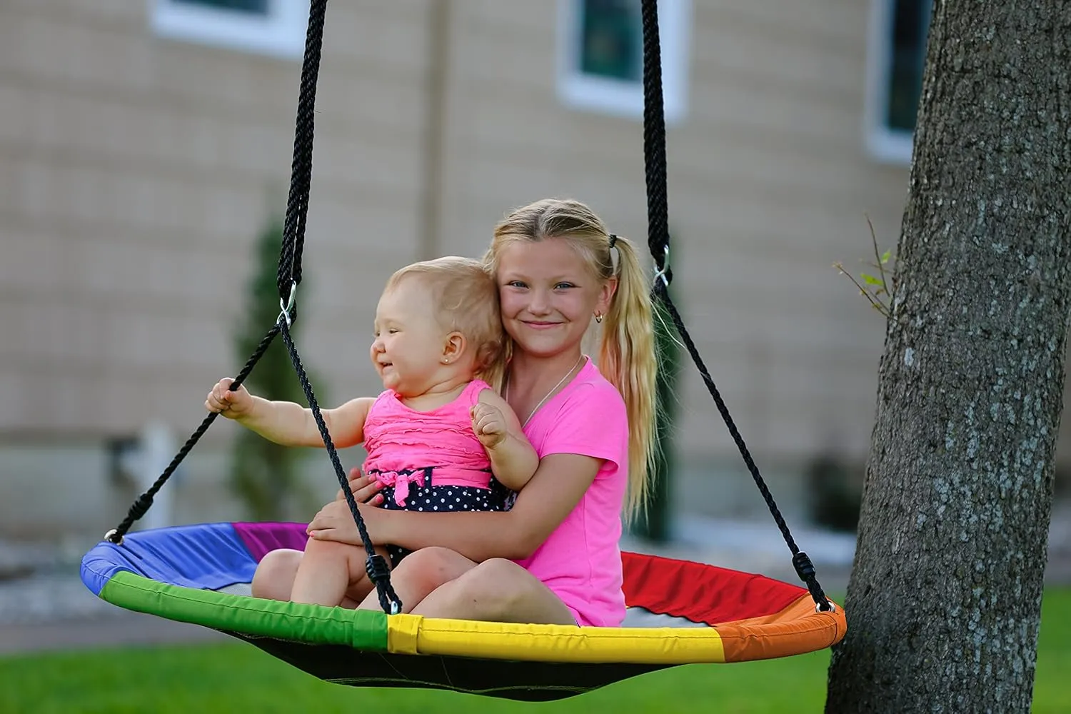 Royal Oak Saucer Tree Swing,Giant 40 Inches with Carabiners and Flags, Heavy Duty 1680D Oxford Fabric,700 lb Weight Capacity, Steel Frame,Waterproof, Easy Install Step by Step Instructions (Rainbow)
