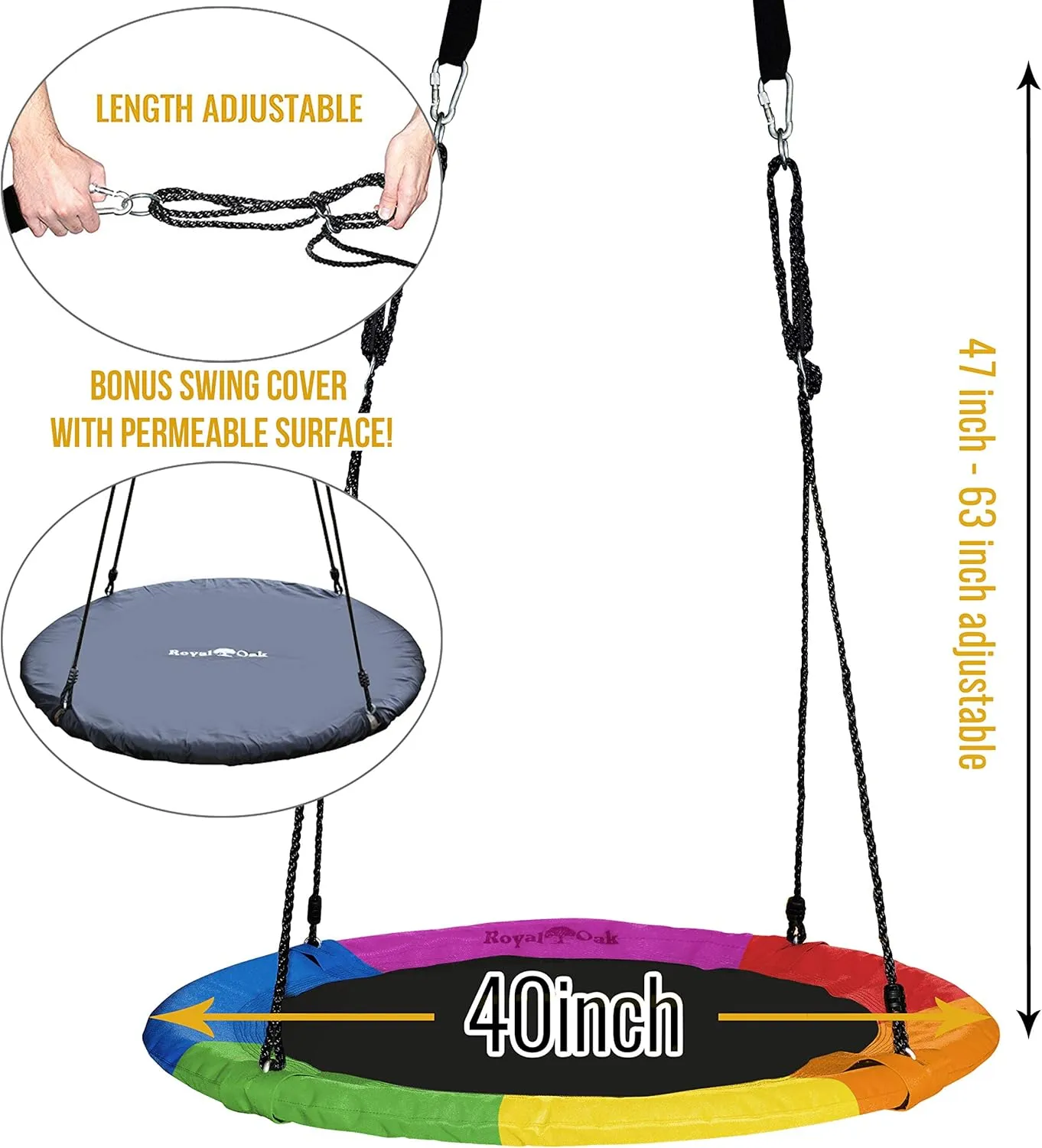 Royal Oak Saucer Tree Swing,Giant 40 Inches with Carabiners and Flags, Heavy Duty 1680D Oxford Fabric,700 lb Weight Capacity, Steel Frame,Waterproof, Easy Install Step by Step Instructions (Rainbow)