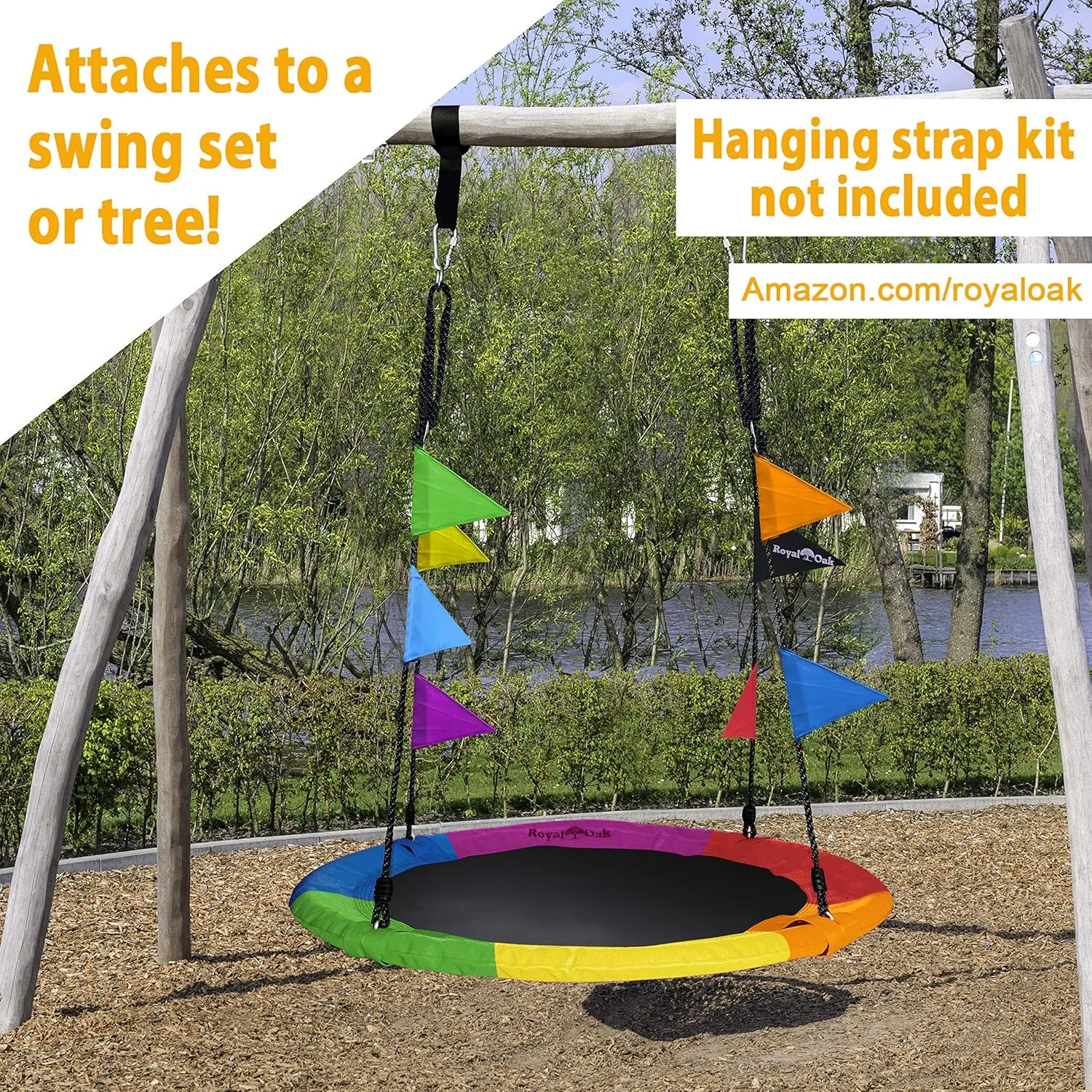 Royal Oak Saucer Tree Swing,Giant 40 Inches with Carabiners and Flags, Heavy Duty 1680D Oxford Fabric,700 lb Weight Capacity, Steel Frame,Waterproof, Easy Install Step by Step Instructions (Rainbow)