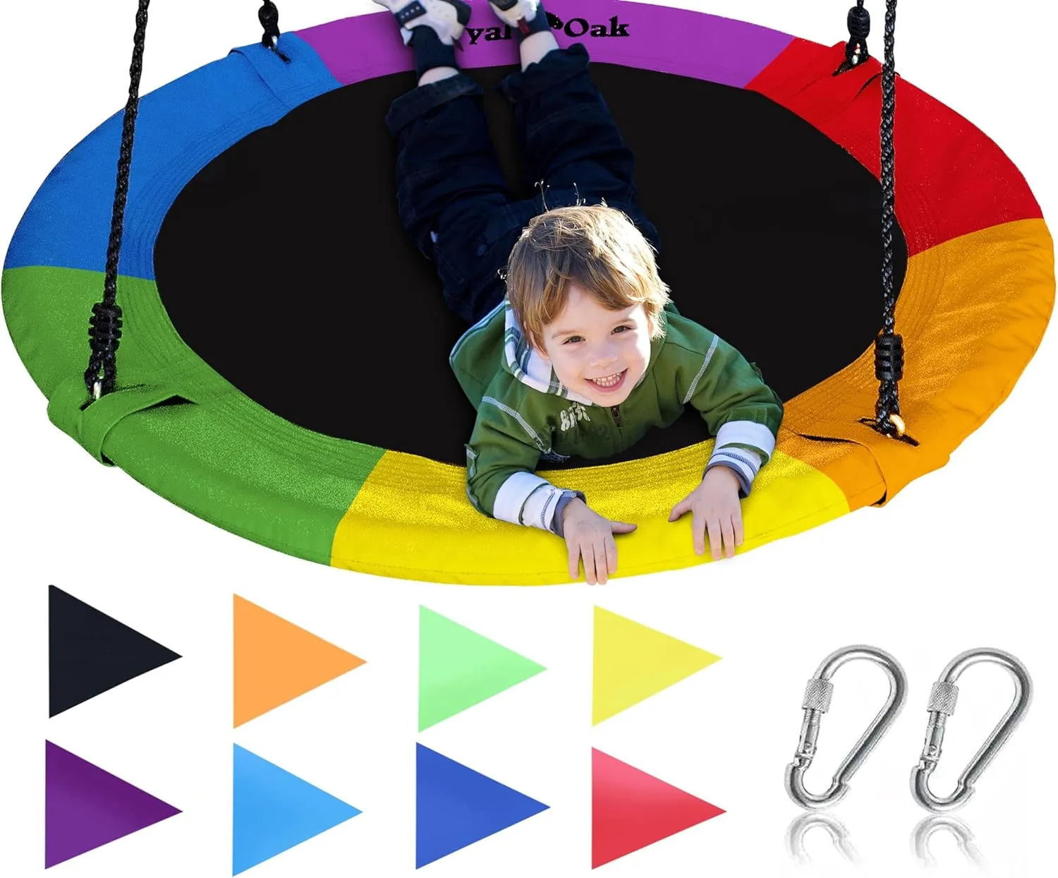 Royal Oak Saucer Tree Swing,Giant 40 Inches with Carabiners and Flags, Heavy Duty 1680D Oxford Fabric,700 lb Weight Capacity, Steel Frame,Waterproof, Easy Install Step by Step Instructions (Rainbow)