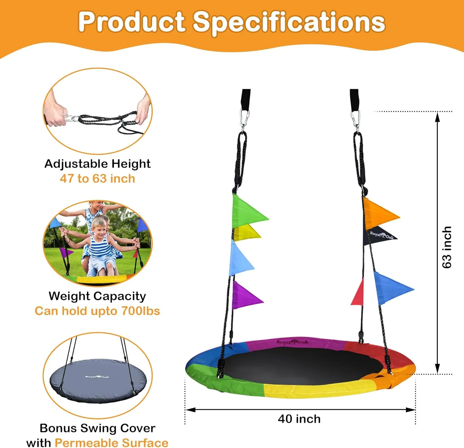 Royal Oak Saucer Tree Swing,Giant 40 Inches with Carabiners and Flags, Heavy Duty 1680D Oxford Fabric,700 lb Weight Capacity, Steel Frame,Waterproof, Easy Install Step by Step Instructions (Rainbow)