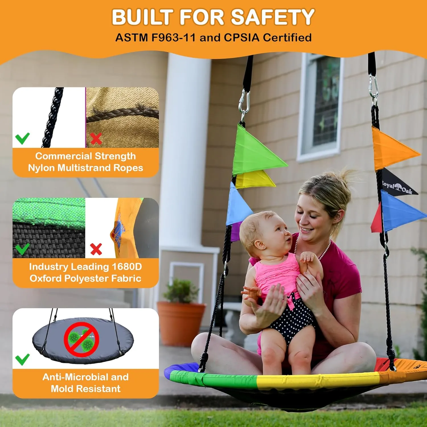 Royal Oak Saucer Tree Swing,Giant 40 Inches with Carabiners and Flags, Heavy Duty 1680D Oxford Fabric,700 lb Weight Capacity, Steel Frame,Waterproof, Easy Install Step by Step Instructions (Rainbow)